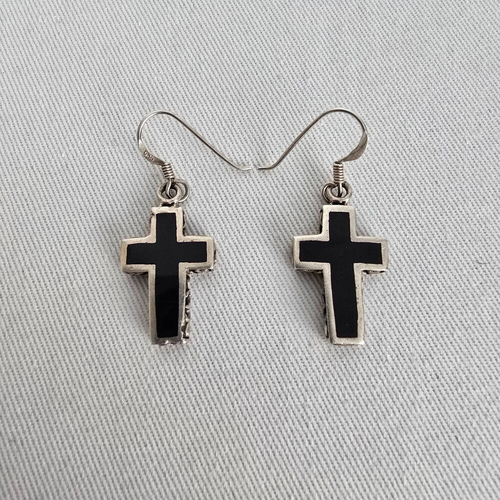 925 Sterling Silver Cross Dangle Earrings 925 Black Inlay Minimalist